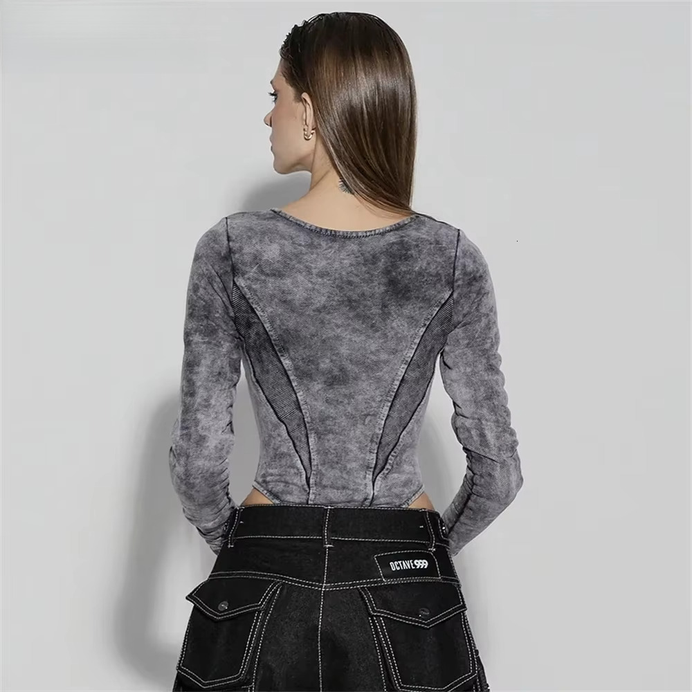 Zekye Distressed Retro Grey Patchwork Zipper Bodysuit Women Outfit High Waist Qulited Streetwear Y2k Grung Cloth Long Sleeve