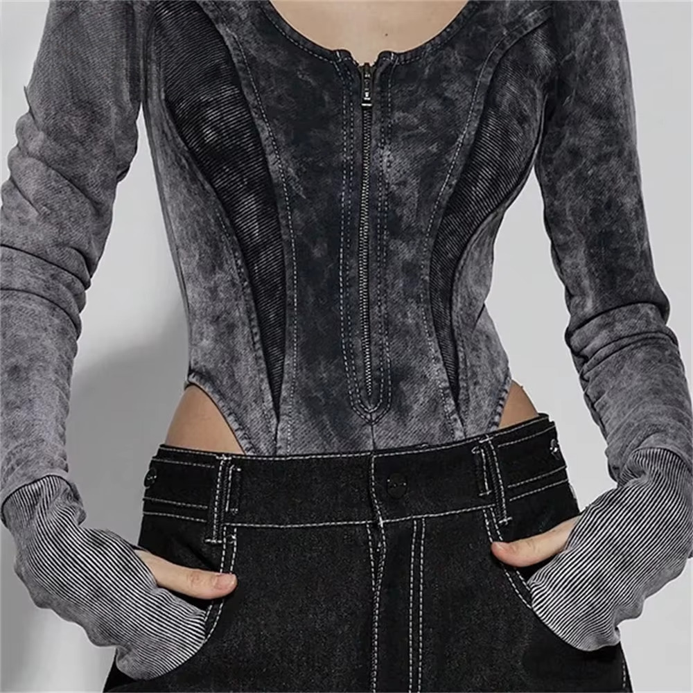 Zekye Distressed Retro Grey Patchwork Zipper Bodysuit Women Outfit High Waist Qulited Streetwear Y2k Grung Cloth Long Sleeve