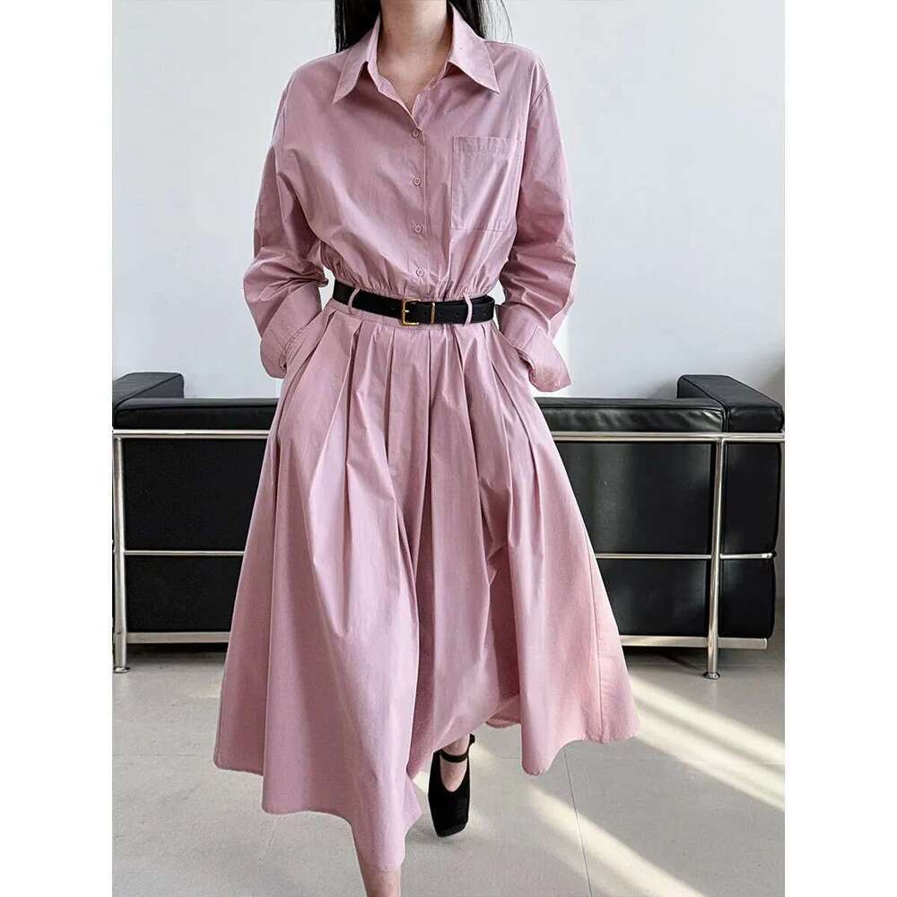 Women Spring Slimming Long Dress With A Cinched Waist Blue Polo Collar Shirt
