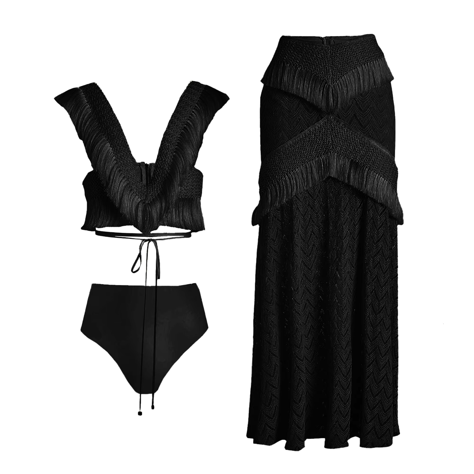 2025 V Neck Fringe Trim Bikini Swimsuit High Waist Swimwear With Skirt For Women Halter Bathing Suits Print Summer Female