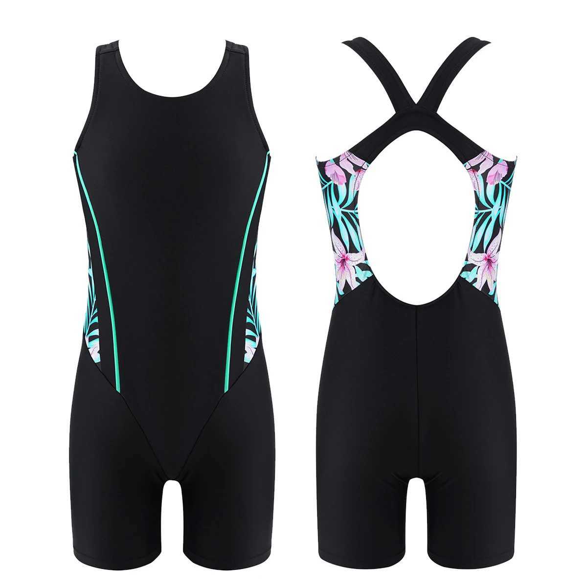 Kids Girls One-piece Swimwear Summer Sleeveless Open Back Print Short Jumpsuit Bodysuit for Beach Pool Swimming Bathing Suit Z250214