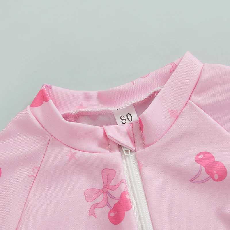 Toddler Girl Rash Guard Swimsuit Cherry/Bow Print Zipper Short Sleeve Zip Up Bathing Suit Z250214