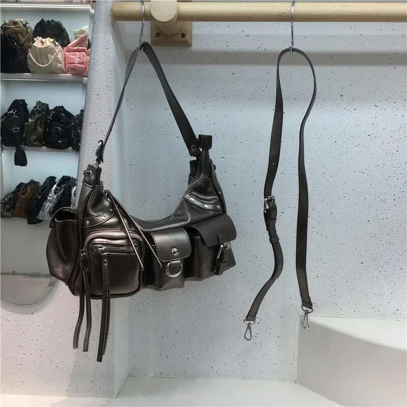 Vintage Moto Bags Pockets Shoulder Bag Women Casual Crossbody PU Leather Handbag