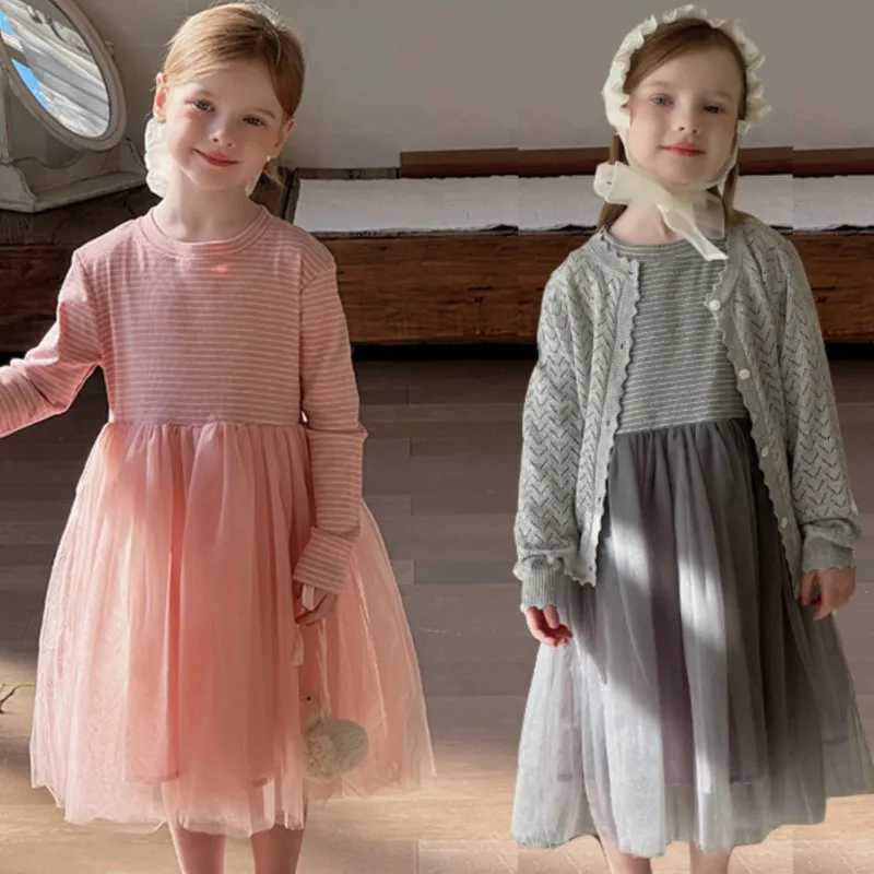 Korean Spring Autumn New Children Girls Princess Dress Mesh Fluffy Dress Kids Girls Dress Striped Spliced Girl Birthday Dress Z250214