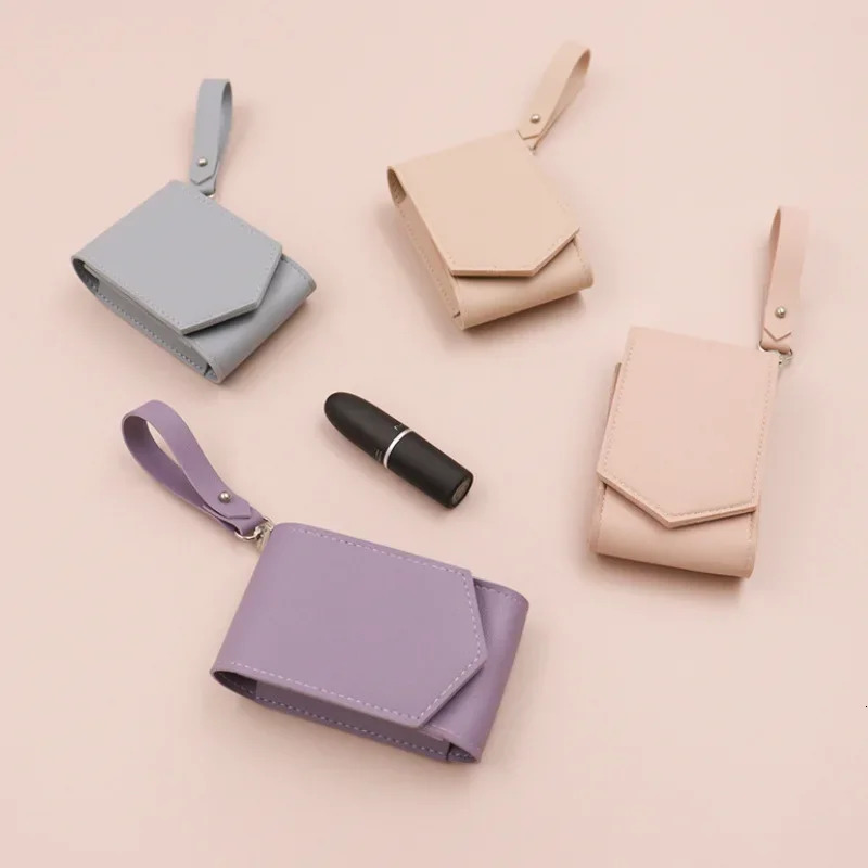 Portable Women Lipstick Case with Lanyard Elegant Solid Color Chic Makeup Bag with Mirrors Keychain Earphone Lip Storage Bag 250207