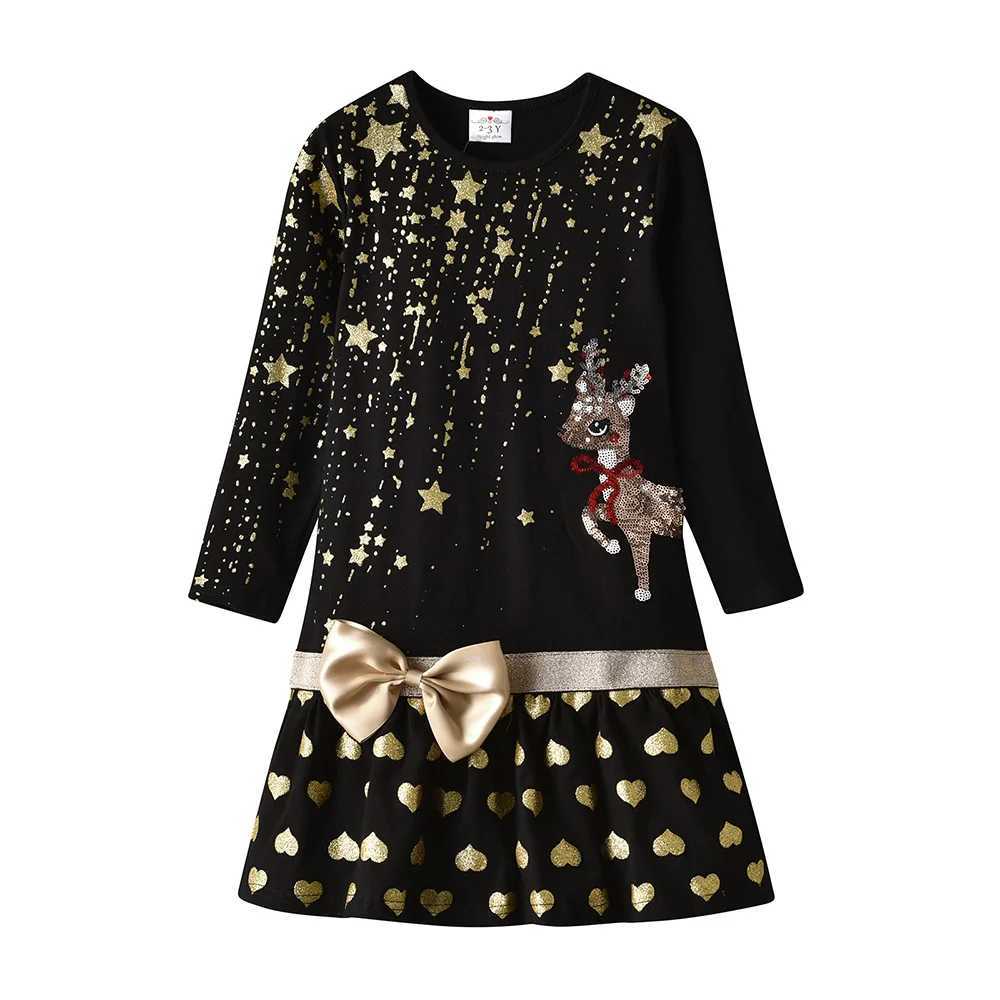 VIKITA Girls Christmas New Year Gift Dress Kids Elk Sequined Appliqued Star Heart Print Cotton Dresses with Bowknot Kids Clothes Z250214