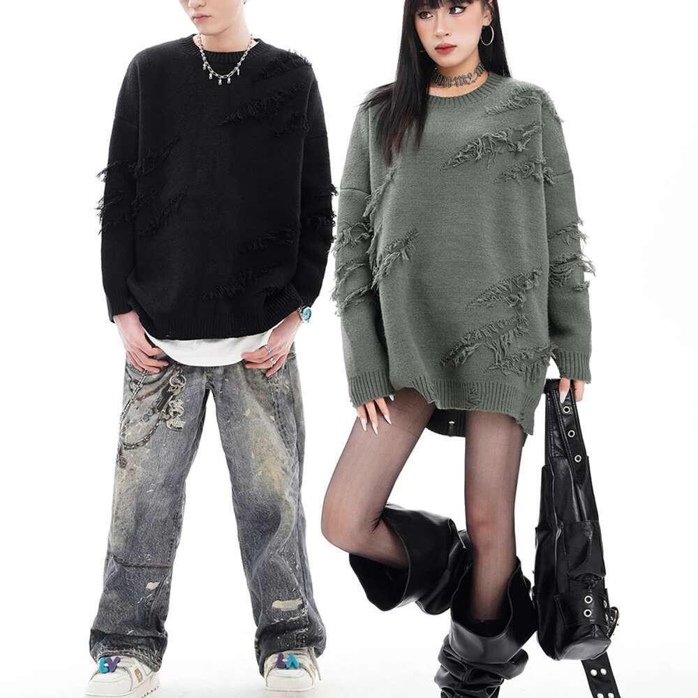 New Ripped Solid Casual Knitted For Men And Women Crew Neck Streetwear Pullover Wool Clothes Oversized Loose Sweater