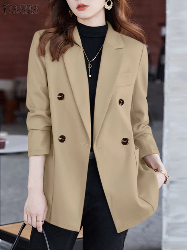 ZANZEA Casual Women Blazer Solid Office Lady Commute Spring Thin Jackets Lapel Neck DoubleBreasted Long Sleeve 250213