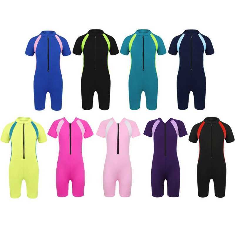 Kids Girls Boys Rash Guard One-piece Swimsuit Short Sleeves Zippered Shor Wetsuit Swimwear Pool Beach Surfing Bathing Suit Z250214