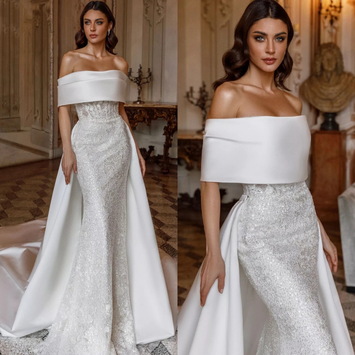 Elegant Mermaid Wedding Dresses For Women Off Shoulder Sleeveless Gown Sequins Detachable Train Customized Dress Party Custom Made vestidos de novia