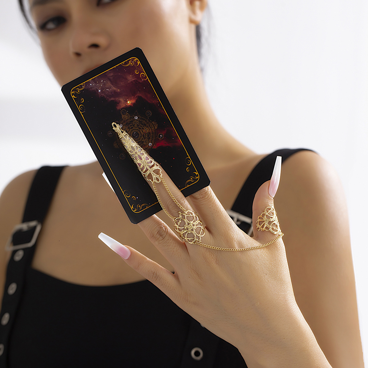 women fashion Adornment Gothic hollow conical nail set with finger ring, niche metal tassel ring