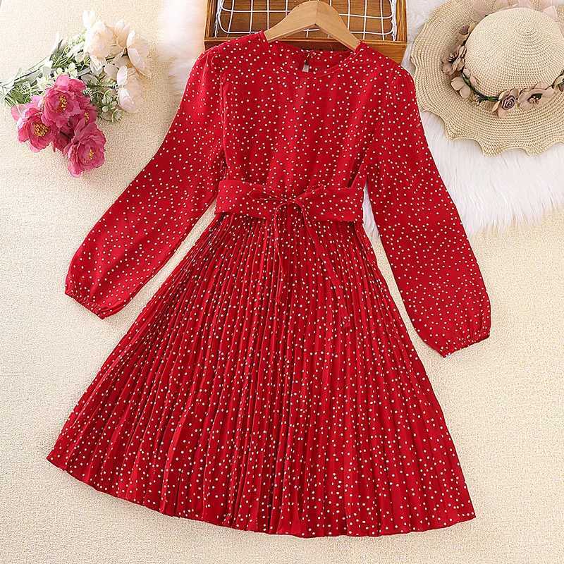 Laura Kors 2023 Winter New Girls Dress Long Sleeve O Neck Dot Sashes Red Girls Dress Vestido 8-12T Z250214