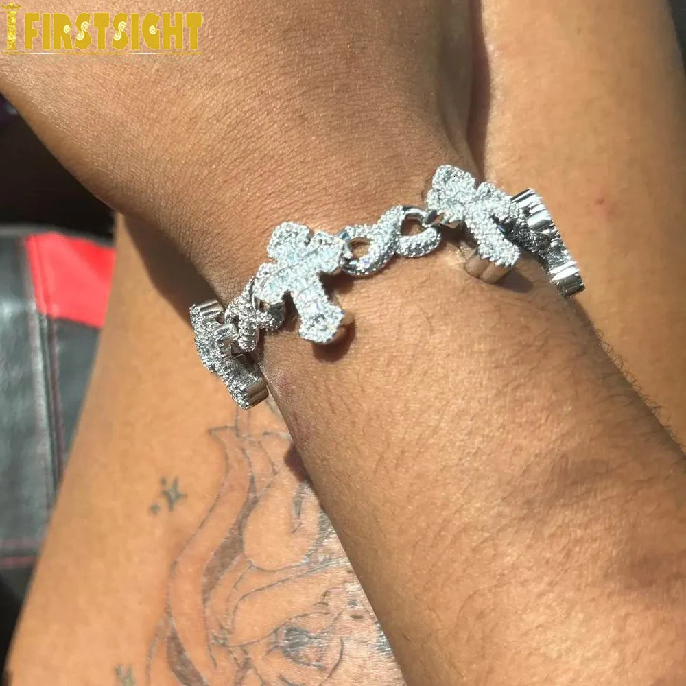 Iced Out Cross Infinity Charm Bracelet Micro Paved Cubic Zirconia Cuban Chain For Women Men Hip Hop Rapper Jewelry 250211