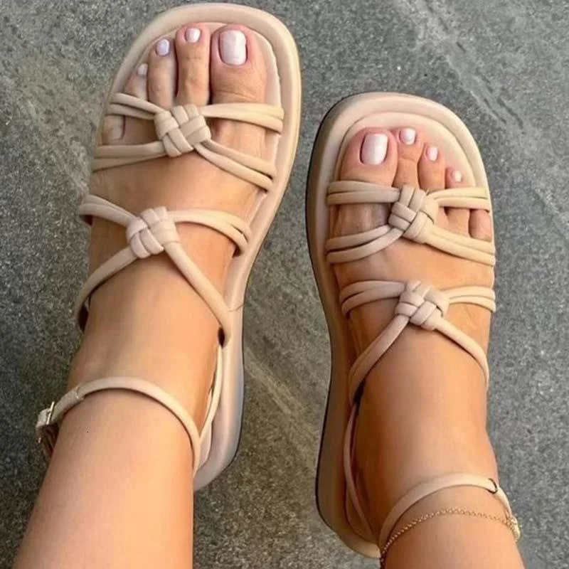 Women Sandals Bohemian Style One Line Buckle Summer Sandals Flat Heels Shoes For Women Platform Weaving Beach Sandals Footwear 250122