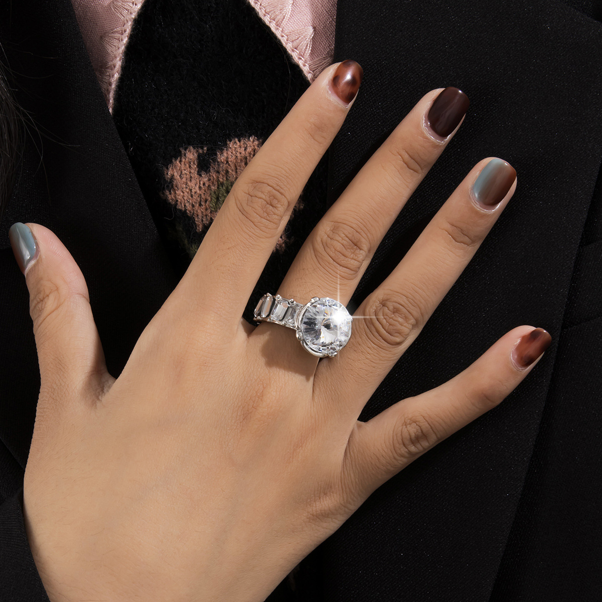 fashion Turquoise Flower Index Finger Set Joint Cold Wind Star Moon Leaf Water Diamond Ring Woman