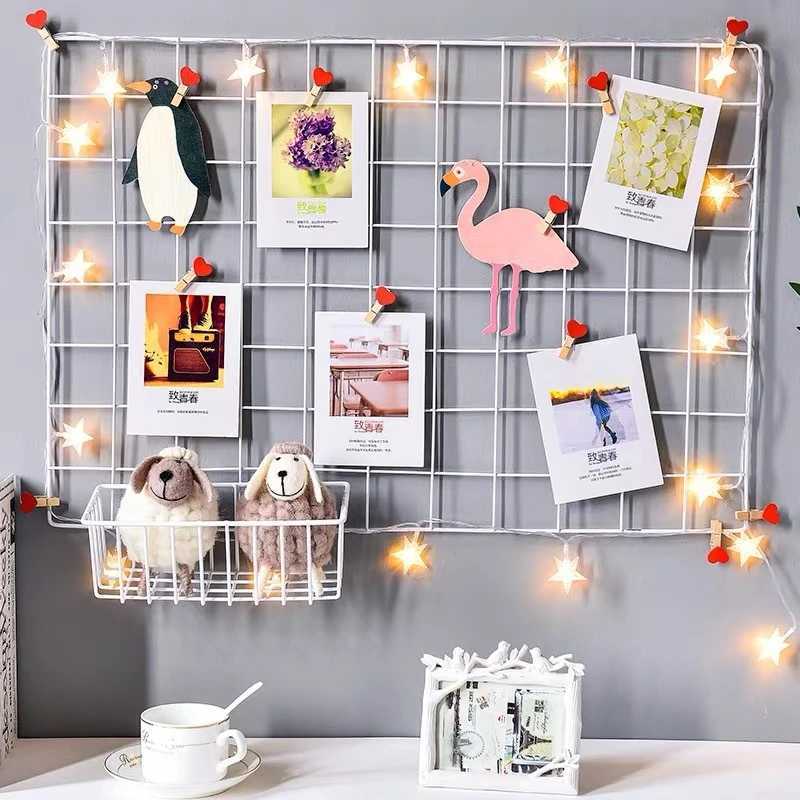 Home Wall Decoration DIY Art Iron Grid Decor Photo Frame Postcards Storage Wall Art Display Storage Rack Holder Shelf OrganizerXJ250214