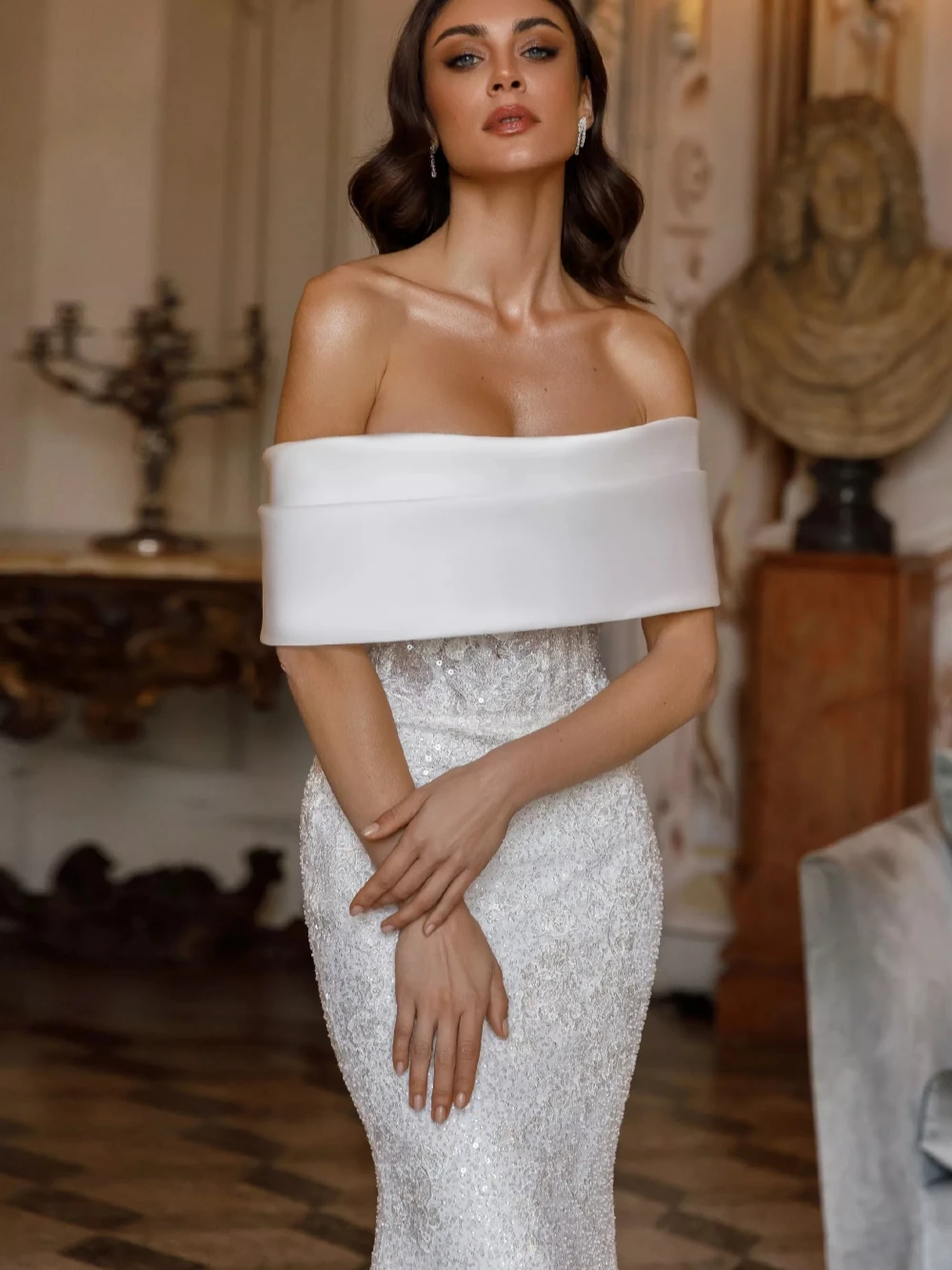 Elegant Mermaid Wedding Dresses For Women Off Shoulder Sleeveless Gown Sequins Detachable Train Customized Dress Party Custom Made vestidos de novia