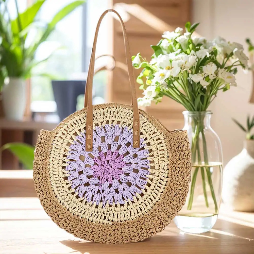 Round Casual Tote Bag with Zipper Closure Vacation Bag Trendy Large Woven Beach Bag Holiday Travel Handbag for Women and Girls 250207