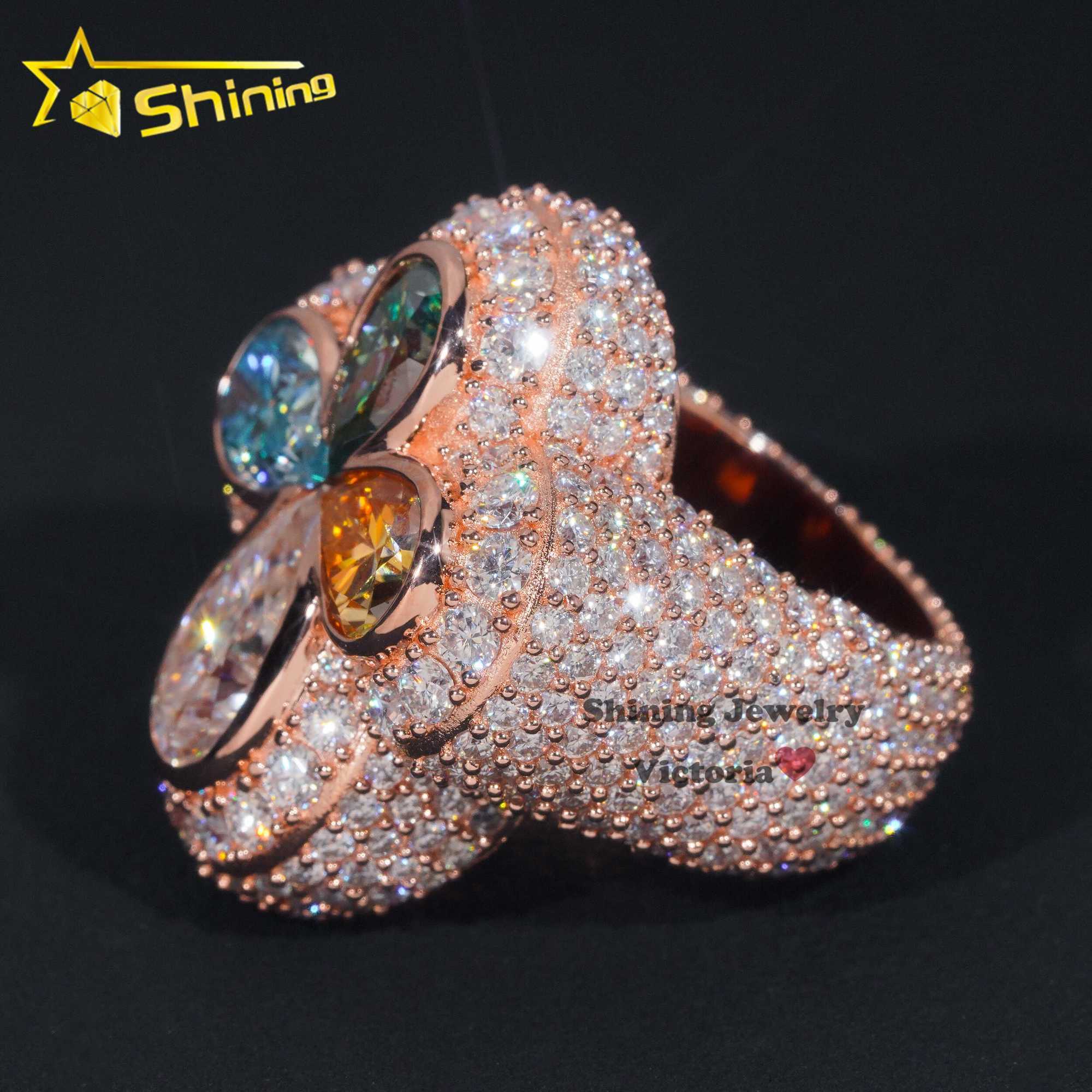 Fine Jewelry Custom Sparkling S925 Colored Pear Cut VVS Moissanite Diamond Iced Out Cross Ring Four Leaf Clover Moissanite Ring