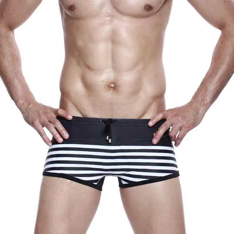 Sexy Men Low Waist Swimwear Summer Striped Swimsuits Nylon Quick Dry Beach Swimming Trunks Fashion Male Sport Surf Board Shorts W250214