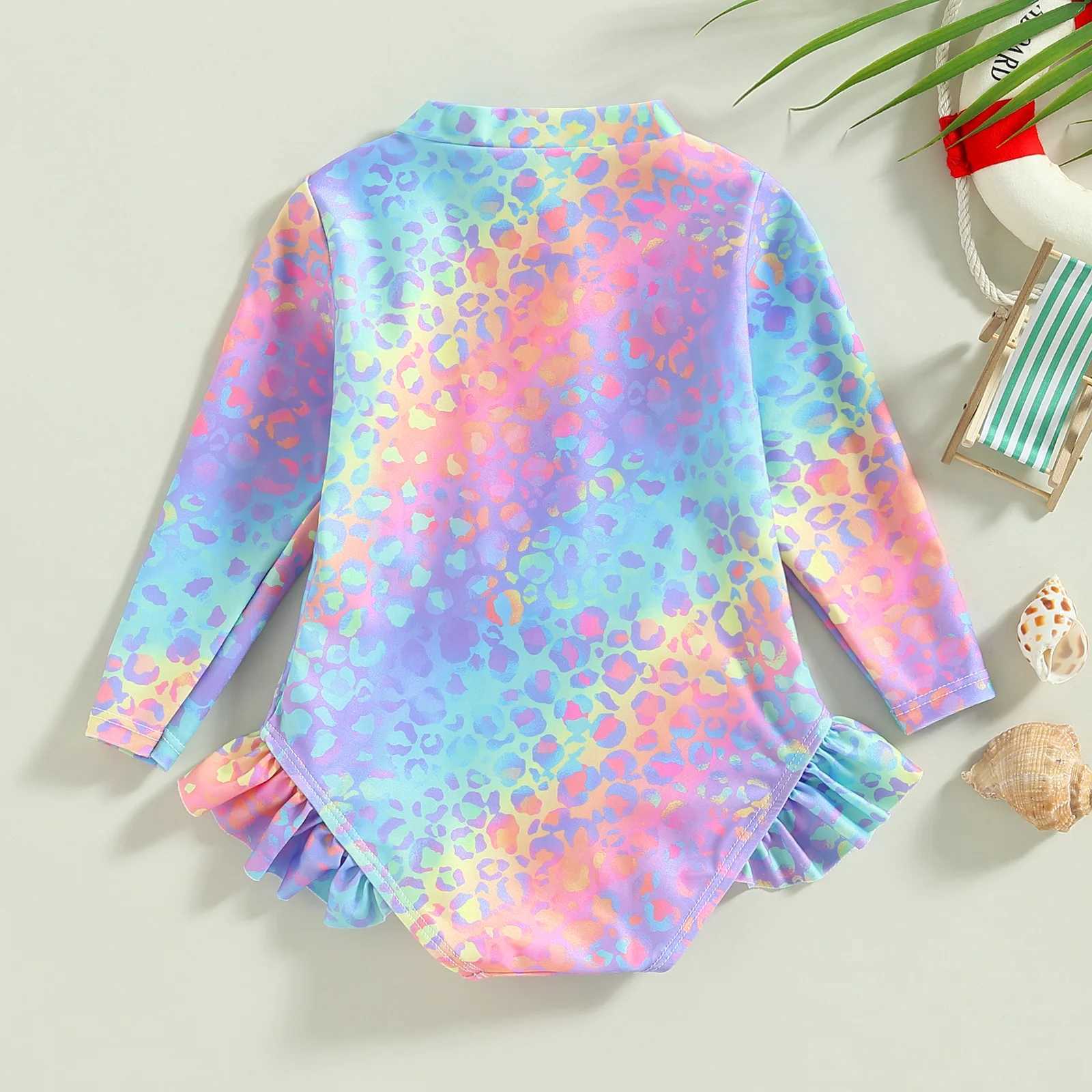 2024 New Toddler Kids Baby Girl Swimsuits Fashion Fish Scale Print Ruffles Long Sleeve Jumpsuit Swimwear Beachwear Bathing Suits Z250214