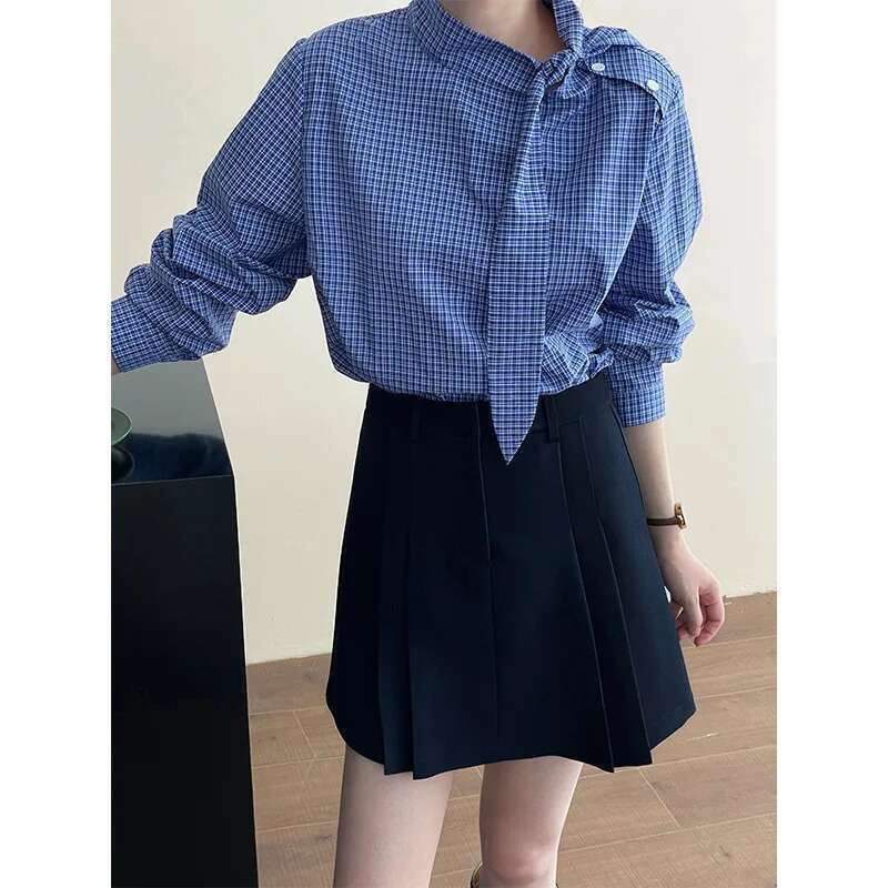 100% Cotton Blue Checkered Lace Up Long Sleeved Shirt For Women Autumn Loose Top