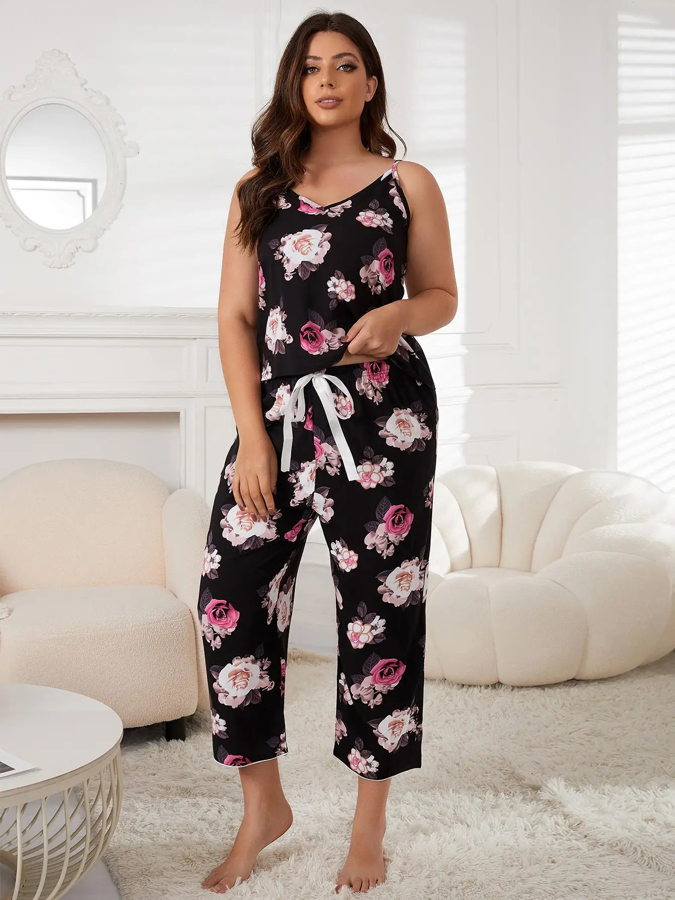 Plus Size V Neck Women Pajama Set Sleeveless Floral Top Elastic Waist Drawstring Pants Female 2 Piece Sleepwear Nightwear 250110