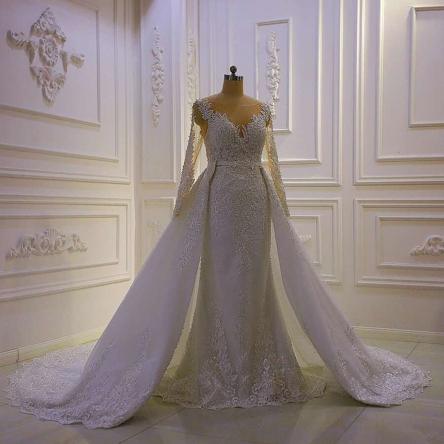 Custom made full sleeve lace appliqued glitter empire wedding dress