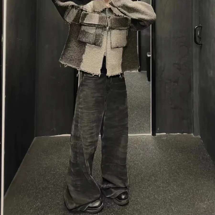 Streetwear Washed Water Wave Patterned Micro Flared Jeans For Men Straight Pantalones Hombre Casual Baggy Denim Trousers