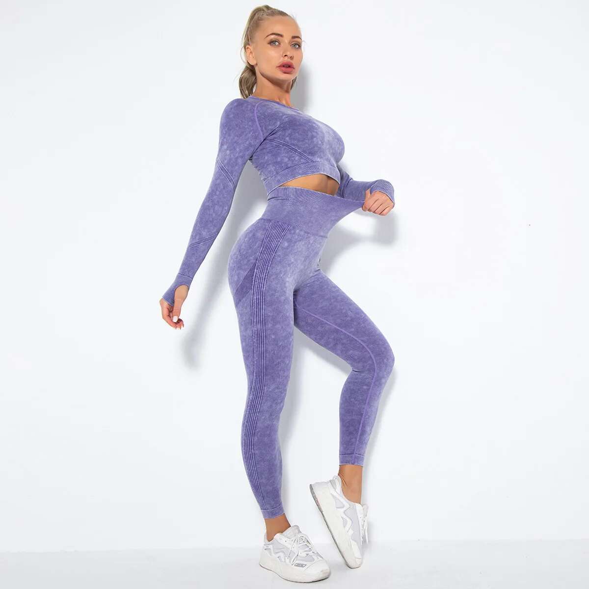 Washed-Die Woman Seamless Yoga 2Pcs Set Clothes Stretch Sleeved Shirt Sports Outfits High Waist Buttock Lift Leggings Suit