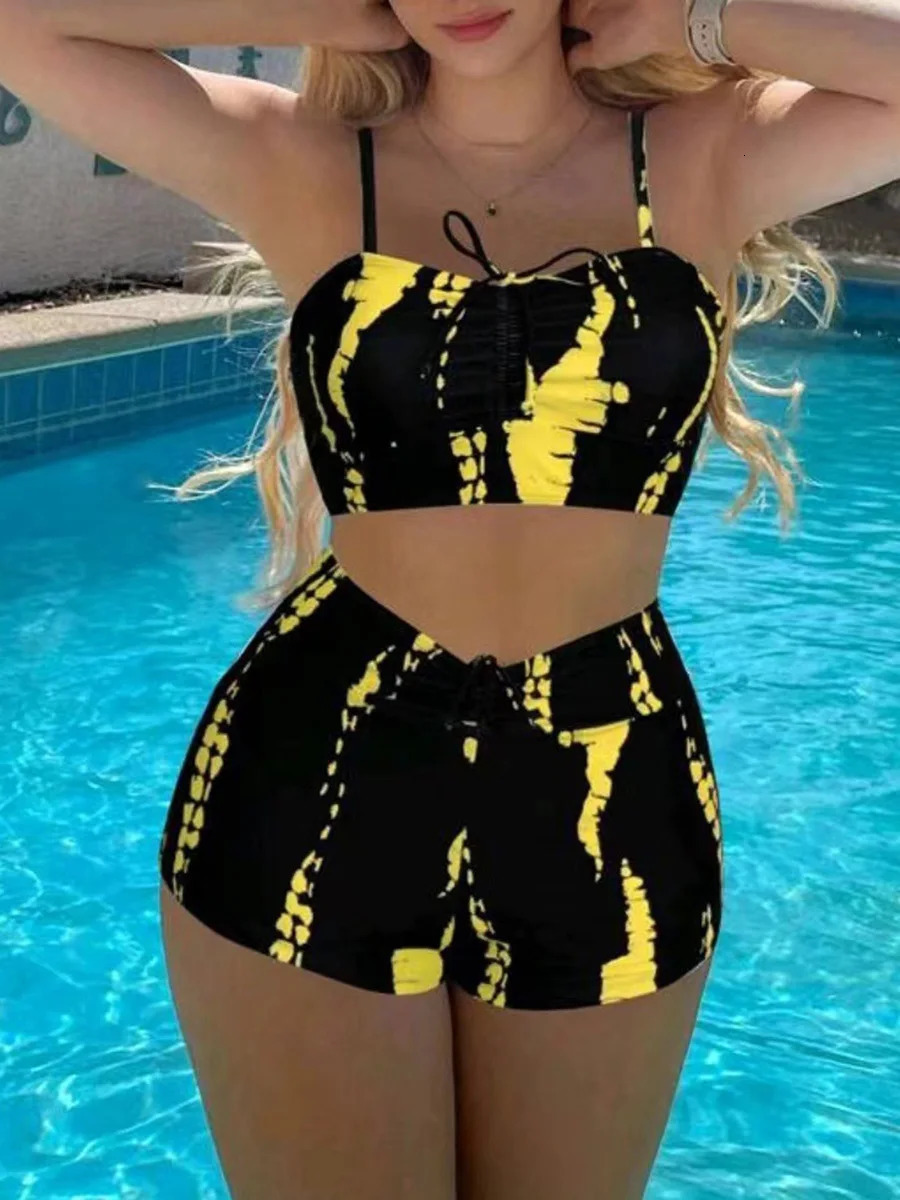 Print High Waist String Two Piece Bikini Women Swimwear Female Swimsuit Bathers Bathing Swimming Suit Beachwear Summer 250210