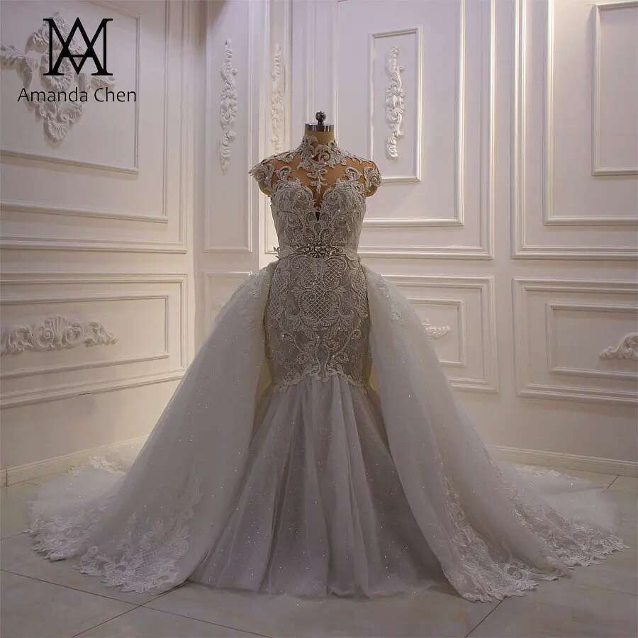 Custom robe marriage high neck cap sleeve champagne detachable skirt wedding dress
