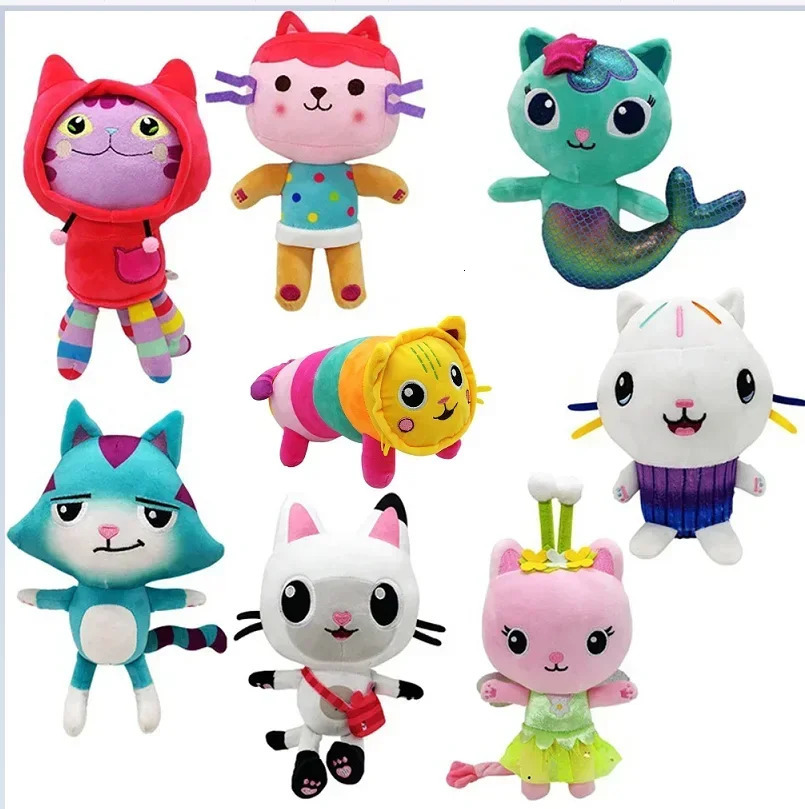 25cm 8Pcs Kawaii Gabby doll house plush toy cartoon stuffed animal mermaid cat mermaid plush doll childrens Christmas gift 250214