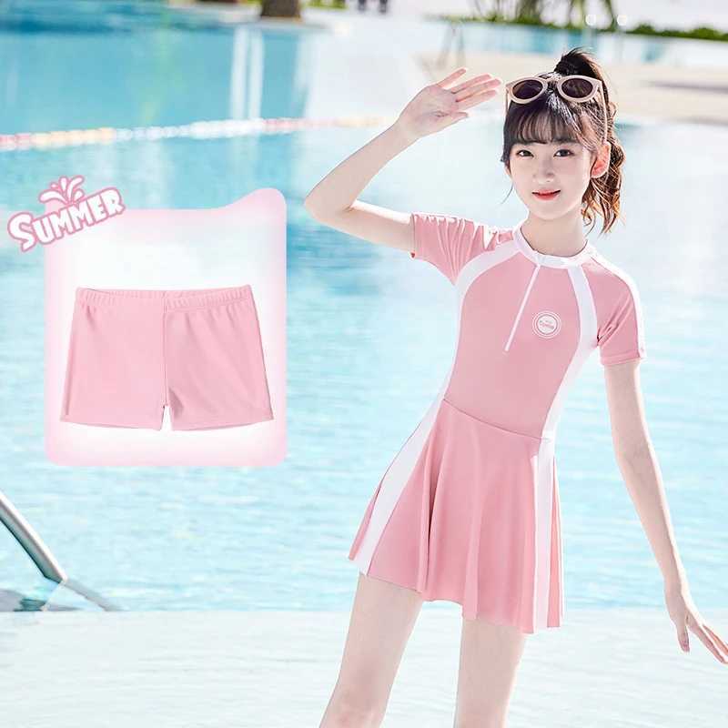 Girls UPF50+UV Protection Short Sleeve WaterProof Bathing SwimWear Kids One Piece Athletic Long Sleeve Surfing Beach Swim Skirts Z250214