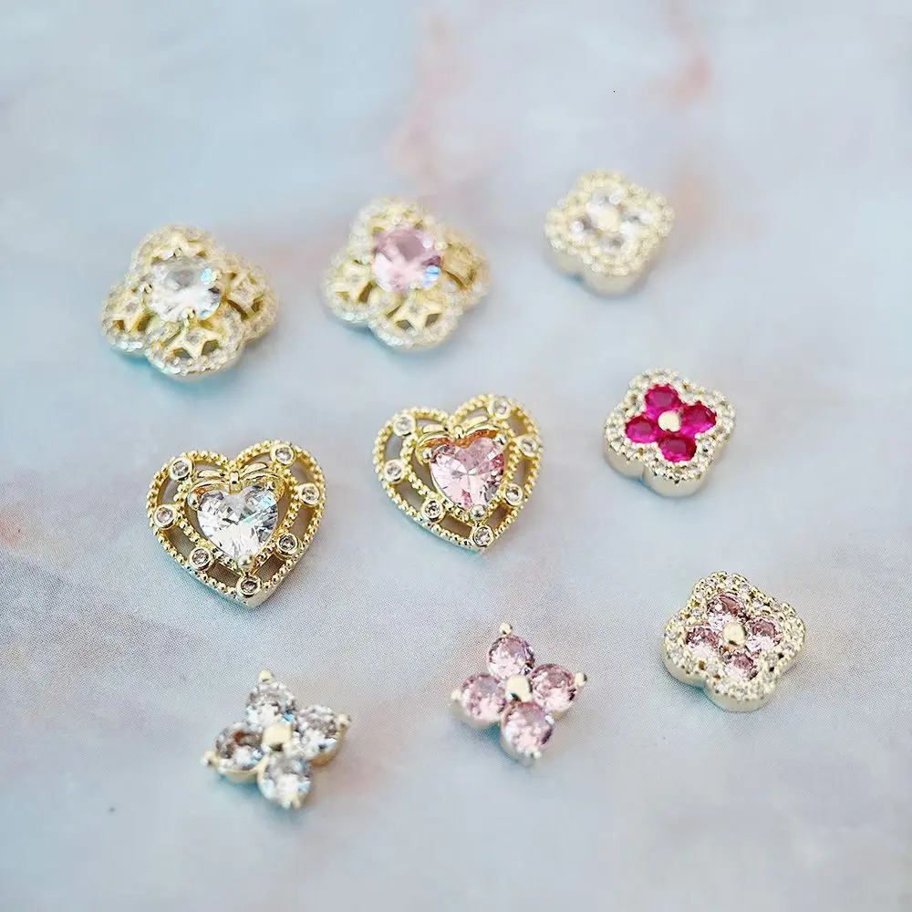 10pcs/lot Pink Red Love Heart Flower Alloy Nail Art Zircon Crystal Metal Manicure Nails Accesorios Supplies Decorations Charms 250214