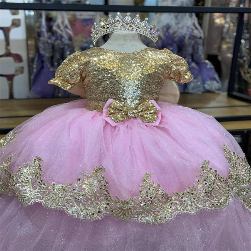 Princess Pink And Gold Flower Girls Dress 2025 Sequin First Holy Communion Dress Birthday Pageant Bow Lace Babyshower O Neck Sequin Kids Dress With Bo
