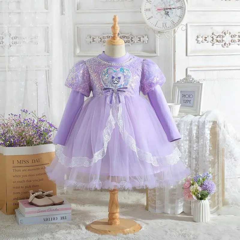 Girl Dress Sanrios Kuromi Cute New Kaii Spring Autumn Sweet Long Sleeves Cotton Chiffon Anime Figure Mesh Fashion Z250214