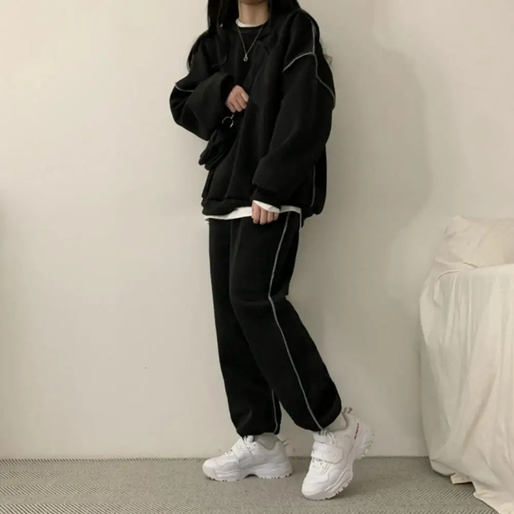 Jogging Pants Outfit Womens Round Neck Sweatshirt Loose Trousers Set Solid Color Sport Outfit with Elastic Waist Long for Fall 250210