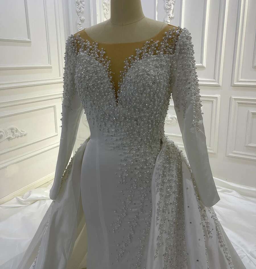 Custom The Full Pearl Neckline V-neck 2 In 1 Stain Wedding Dress