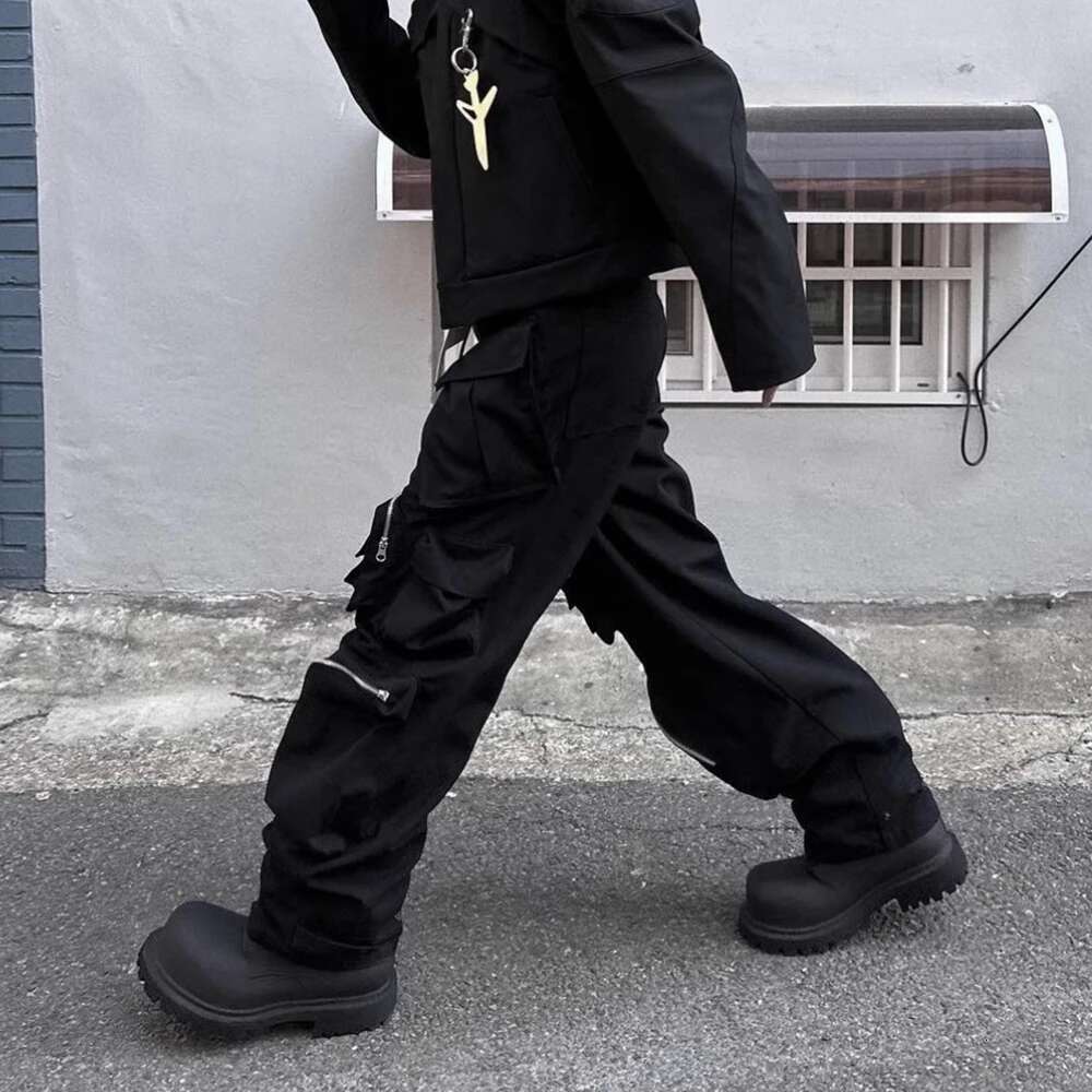 High Street Multi-Pokcets Functional Wide Leg Cargo Pants Unisex Black Straight Baggy Y2k Overalls Oversized Loose Trousers