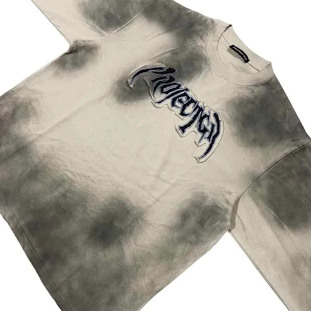 Distressed Washed Vintage Tie Dye Letter Embroidery Mens Tshirts Long Sleeve Cotton Oversized Top Tees Round Neck Casual T-Shirt