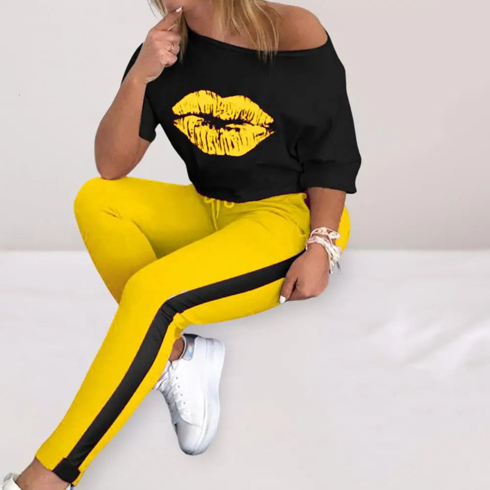 2 Pcs/Set Women Top Pants Set Lip Print Sport Tracksuit Casual Sports Elastic Waist Lady T-shirt Trousers Suit Lady Garment 250210