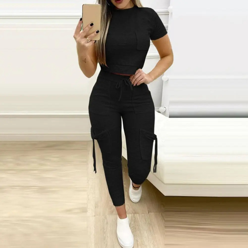 Women Sportswear Pocket Drawstring Matching Set Multicolor Slim Short Top Pencil Pants Ladies Outfit Summer Loungewear Suits 250210
