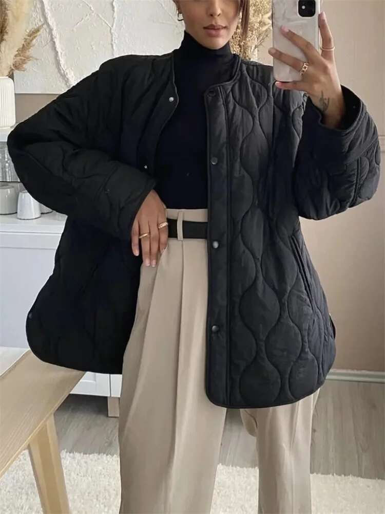Woman Casual Black Loose O-Neck Jacket 2022 Female Winter Solid Warm Jackets Ladies High Street Outwear