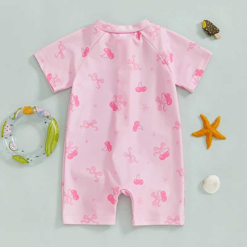 Toddler Girl Rash Guard Swimsuit Cherry/Bow Print Zipper Short Sleeve Zip Up Bathing Suit Z250214