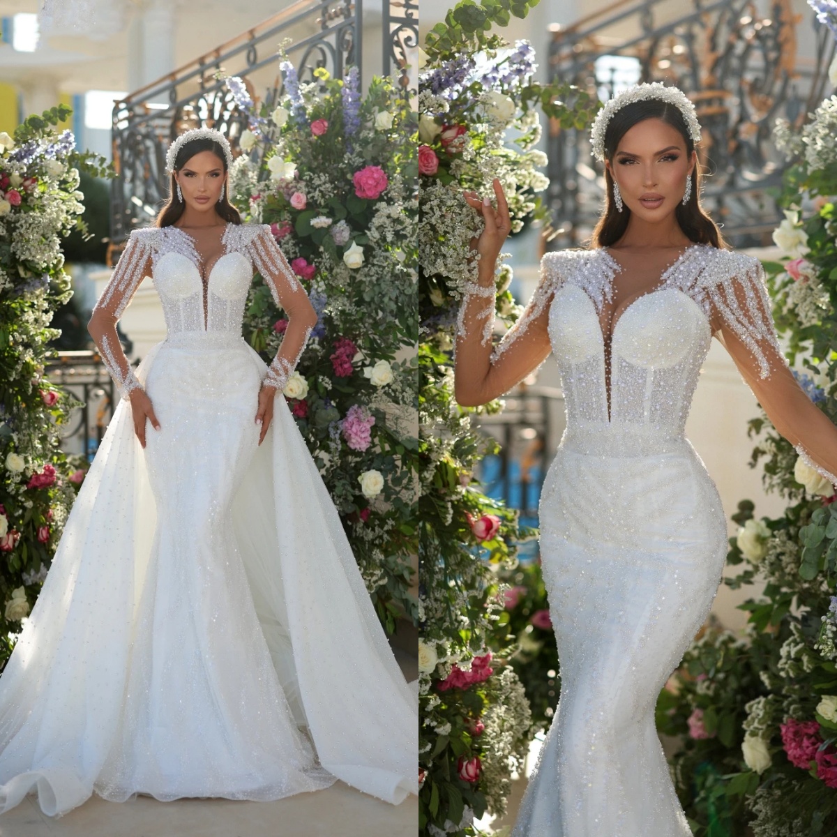 Classic Mermaid Wedding Dress Jewel Neck Long Sleeves Bridal Gowns Sequins Pearls Detachable Train Dresses Custom Made vestidos de novia