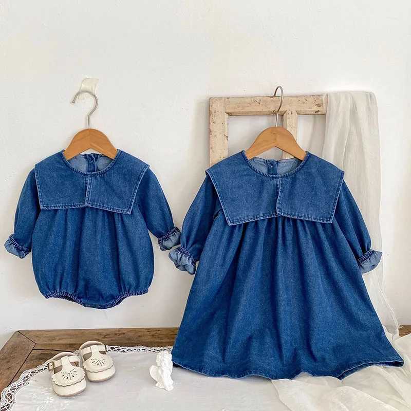 2024 New Autumn Sister Dress 2-6Yrs Girl Par Dress Long Sleeved Solid Color Denim Baby Girl Romper Kids Princess Dresses Z250214