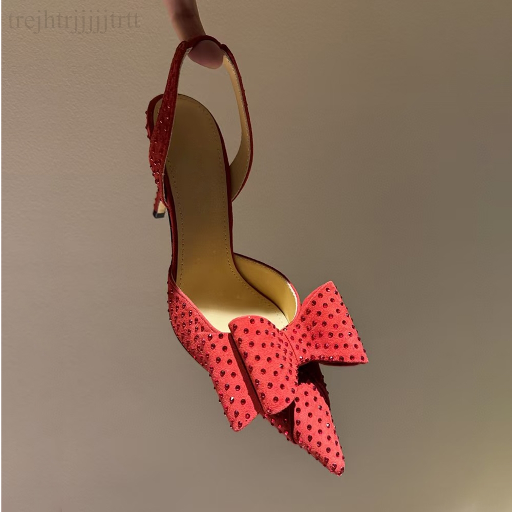 Womens slingbacks sandal Stiletto Heel Dress Shoes Hot pressed crystal lace high heels Silk Bow pointed toe Evening shoes luxury designer high heels