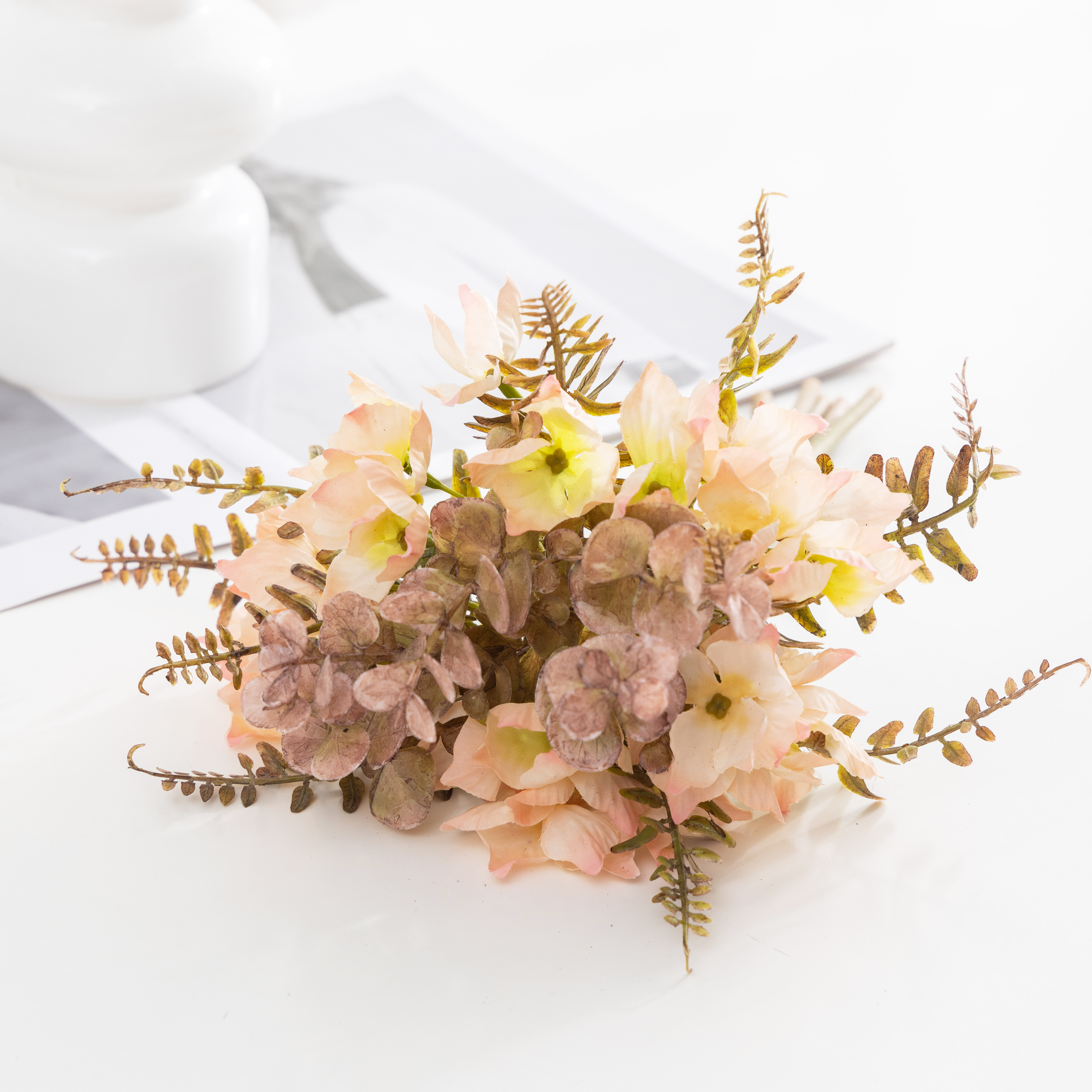 Handcrafted Elegant Fake Flower Bunch Featuring Elderly Appeal - Eucalyptus & Hydrangeas