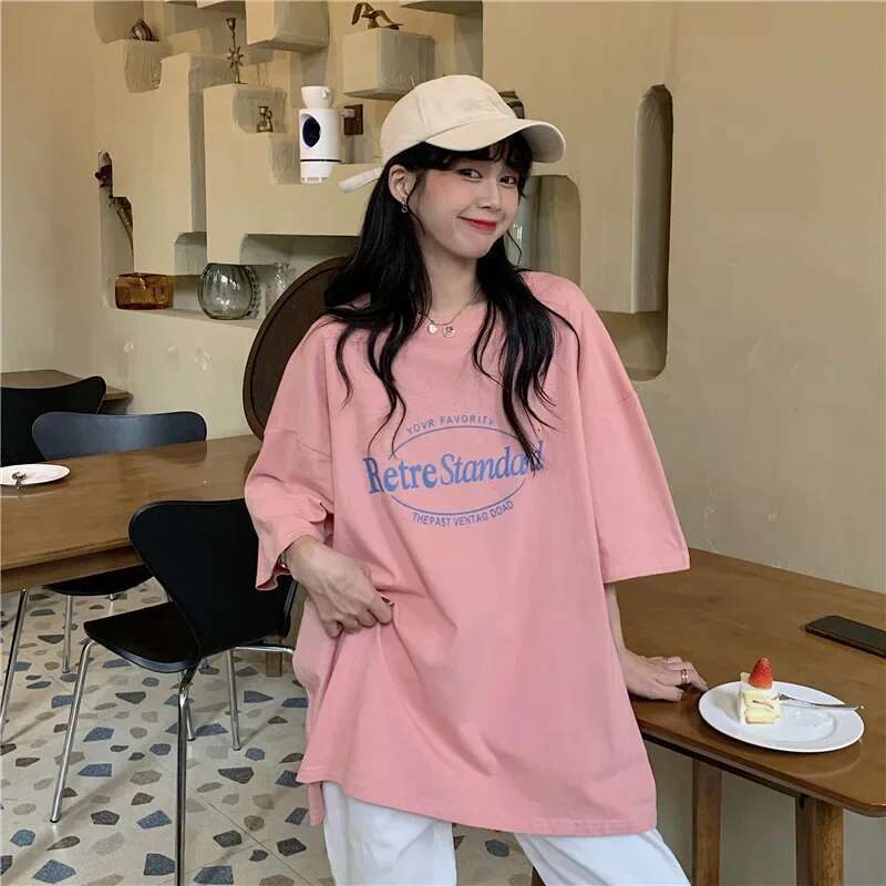 2024 Summer New Style Korean Vintage Medium-Length BF Loose-Fit Plus Size T-Shirt Top Women's Trendy Short Sleeves